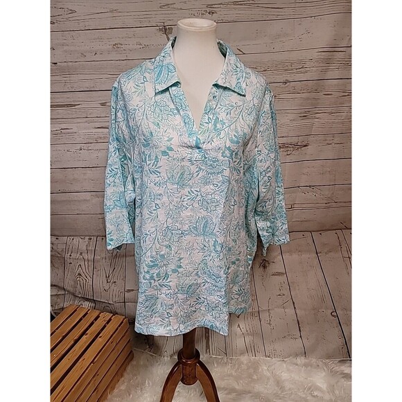 Sigrid Olsen 100% Linen Floral Popover Blouse Button Side Detail Women's 2X Plus - Picture 1 of 7